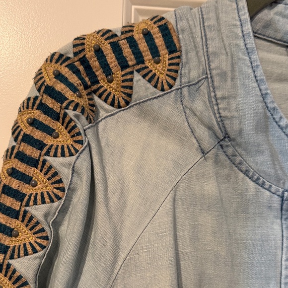 Free People Light Blue Denim Jacket with Black and Brown Embroidery - Picture 3 of 8